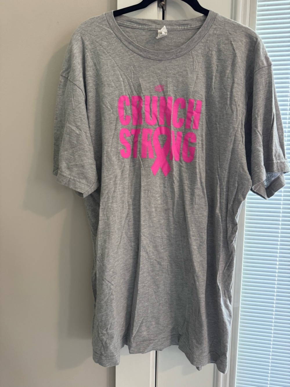 Crunch Gym Hanes Gray T-Shirt with Pink Logo Breast Cancer Awareness